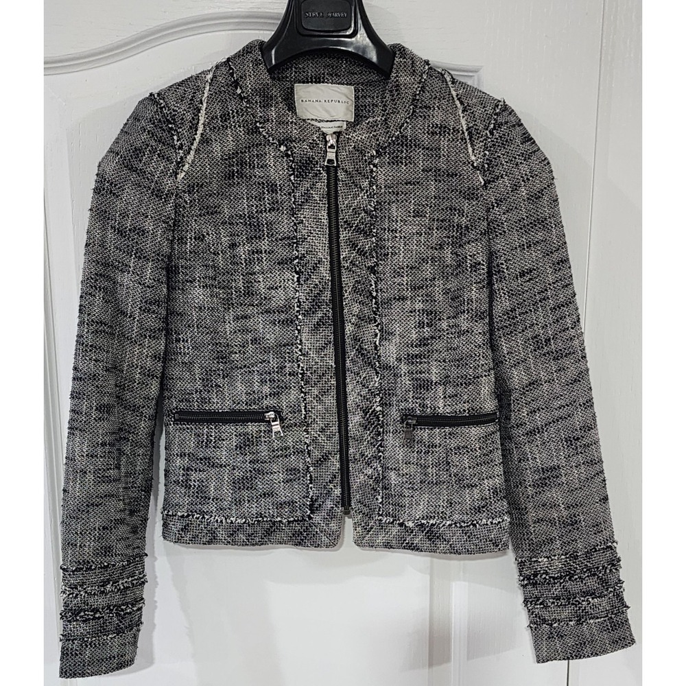 Banana Republic Women's Black Cotton Distressed Tweed Jacket Blazer Size 4